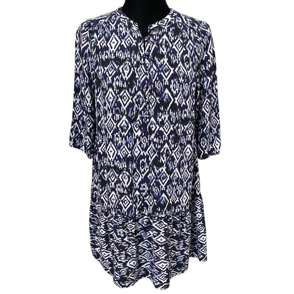 Doe & Rae Boho Ikat Mini Dress Blue White 70s Hippie Festival Style Medium